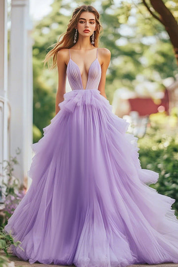Lilac A Line Deep V-Neck Tulle Prom Dress